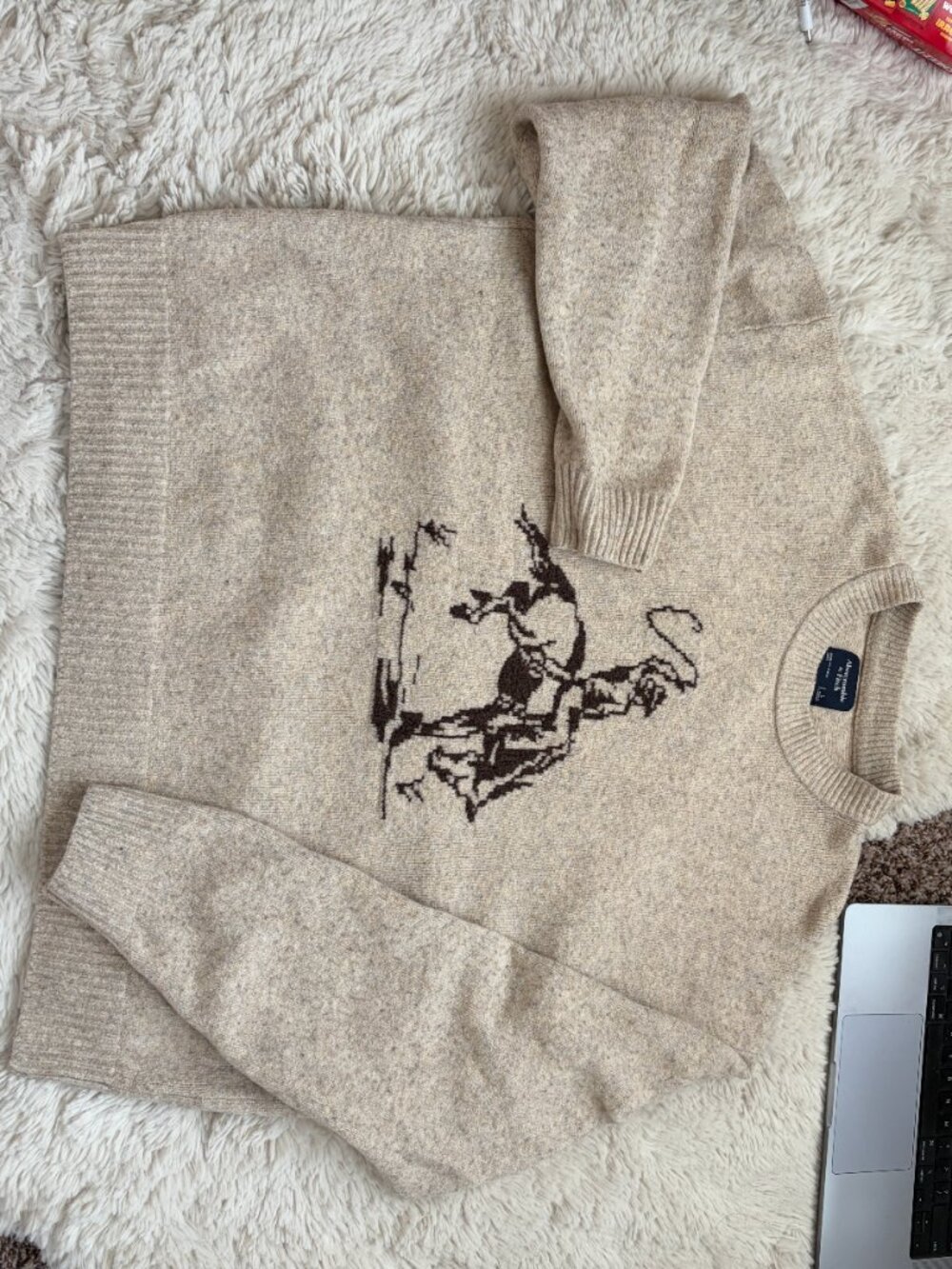 Abercrombie & Fitch Oatmeal Oversized Cowboy Graphic Knit Sweater - Men's L